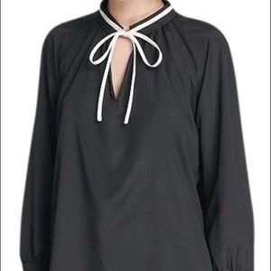 Black mock neck ribbon tie blouse
